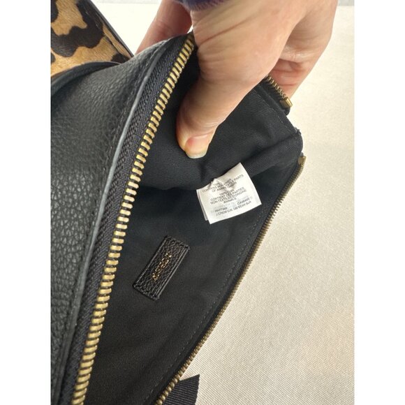 J Crew Black Leather Calf Hair Leopard Print Clutch Brass Accents Zipper - Picture 8 of 11